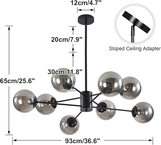 KCO Lighting 8 Lights Modern Sputnik Ceiling Light Fixture Black Globe Chandelier Smoke Gray Glass Chandelier Mid Century Hanging Light Fixture