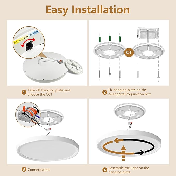Dimmable 12Inch LED Flush Mount Ceiling Light, 24W, 2520LM, 2700K/3000K/4000K/5000K/6000K CCT Selectable,LED Round Flat Panel Light Dimmable from 5% to 100% for Bedroom,Kitchen,Hallway, White 6PK