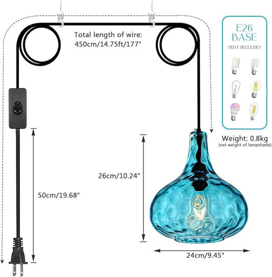 Blue Glass Plug in Pendant Light Fixture, Mid-Century Modern Pendant Lamp with 14.7 ft Cord Hammered Glass Globe Shade,Black Vintage Plug in Hanging Light for Bedroom Dining Living Room