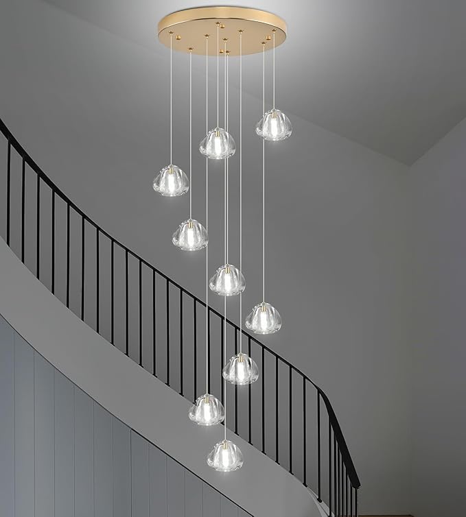 Modern Crystal Chandelier 9-Lights High Ceiling Raindrop Chandelier, Gold LED Round Indoor Lighting Fixture for Foyer Staircase Living Room