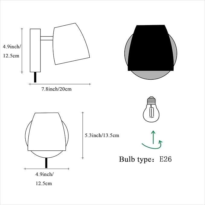 Plug in Wall Sconce Black,Bedside Wall Lamps with Switch,Modern Wood Wall Light for Bedroom with 180°Rotation Metal Shade,Indoor E26 Wall Lamp for Living Room,Dining Room,Hallway,Stairway,Wall Decor