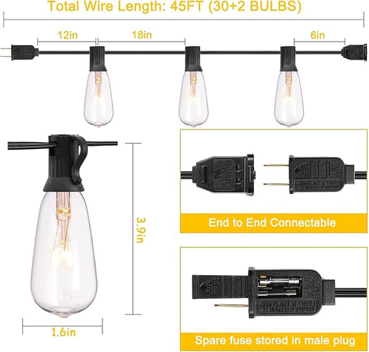 GOOTHY Outdoor String Lights 45Ft ST40 Vintage Patio Lights with 32 Edison Bulb (2 Spare), Backyard Lights UL Listed for Indoor Outdoor Party Balcony Markets Garden Decor, 7W/ E17 Screw Base- Black
