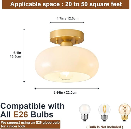 WOKNOS Mid-Century Modern Gold Semi Flush Mount Ceiling Light, Kitchen Ceiling Light Fixture with Glass Shade, Mini White Close to Ceiling Lamp for Entryway Hallway Bathroom (8.66 Inch)