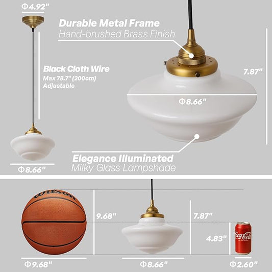 Modern Schoolhouse Ceiling Pendant Light with Milk White Glass Lampshade, Vintage Globe Hanging Ceiling Fixture Lamp for Kitchen Island Dining Room Hallway