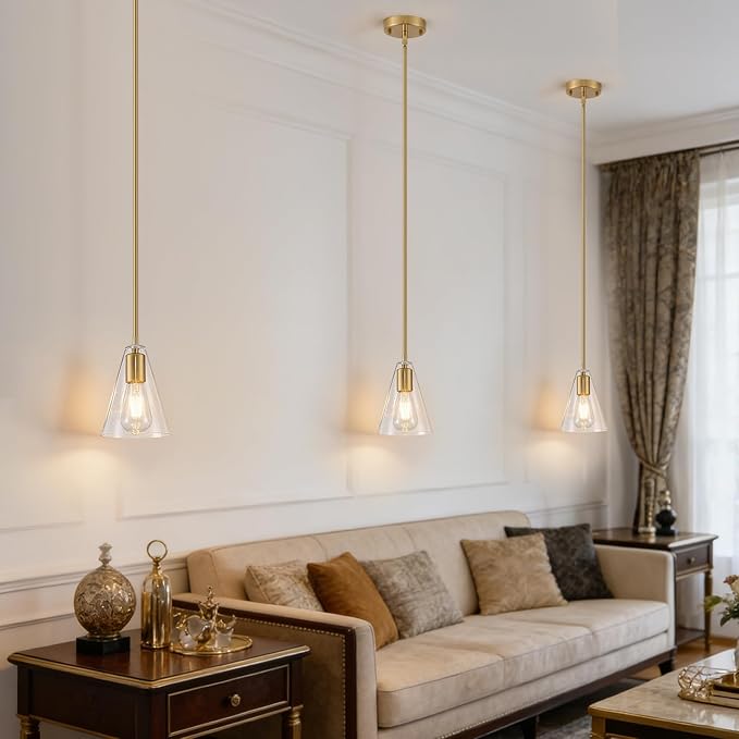Dijiahua Gold Pendant Lights Kitchen Island 3 Pack, Modern Hanging Island Pendant Lights Over Sink with Clear Glass Shade,Small Chandeliers Adjustable Metal Tube Hanging Lighting for Table Bedroom