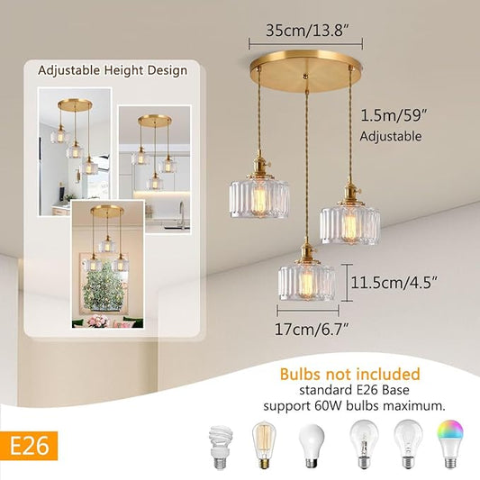 Cluster 3-Light Kitchen Island Chandelier Glass Globe Ceiling Pendant Light Clear Striped Shade Mid Century Modern Chandelier Brushed Gold Hanging Lights Fixture Multi Chandeliers