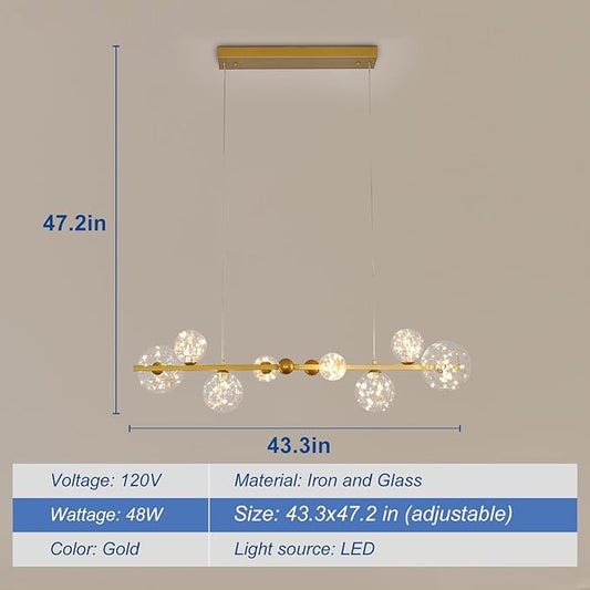 Depuley Linear Chandeliers for Dining Room: 43.3In Sputnik Chandeliers 8-Light Glass Globe Chandelier - Modern Gold Bubble Large Pendant Lights for Kitchen Island Lighting