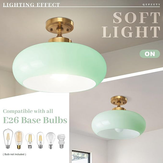 Mint Green Ceiling Light, Gold Hallway Light Scandinavian Flush Mount with Glass Shade, Vintage Flush Ceiling Light for Living Room Bedroom, Bathroom Lighting Fixture