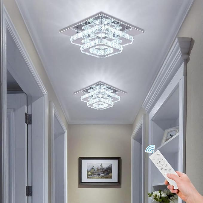 FRIXCHUR Dimmable Crystal Chandelier Ceiling Light with Remote Square Led Flush Mount Small Chandelier for Dining Room Kitchen Wedding Hallway Foyer,9.8"
