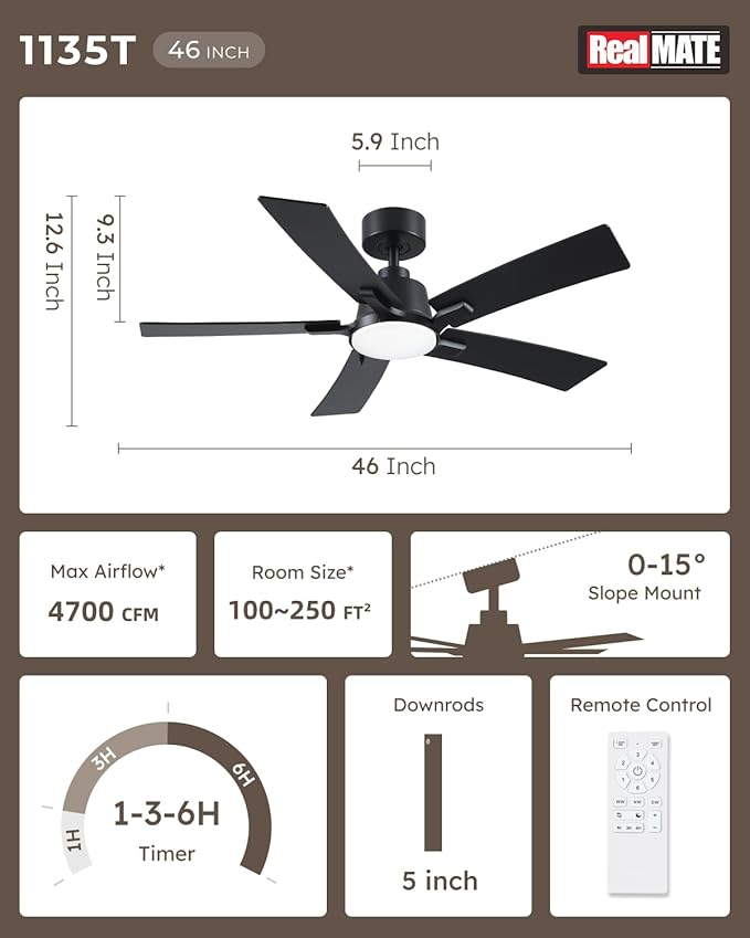 46 Inch Ceiling Fans with Lights and Remote, Black Ceiling Fan, Downrod Style with 5 Blades, Modern Design For Indoor Bedroom Living Room/Outdoor, 6 Speed Reversible DC Motor, 3CCT Dimmable LED