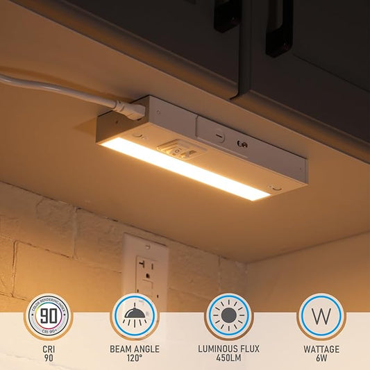 TORCHSTAR 4-Pack 8 Inch LED Under Cabinet Lighting 5CCT, ETL T24, 6W 450LM, Hardwired & Plug-in, 5 Color Selectable CRI90 120V Dimmable Under Counter Lights for Kitchen, White Aluminum Housing