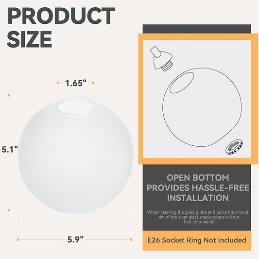 3 Pack White Frost Glass Shade Replacements, Globe Glass Lamp Shade Covers for Light Fixtures, 1.65 Inch Fitter Globes Lampshades for Wall Sconces Chandelier Pendant Lights Bath Vanity Lights