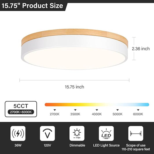 Modern LED Ceiling Light, Dimmable Wood Flush Mount Ceiling Lighting Fixture, 5CCT Round Wood Close to Ceiling Lamp for Kitchen Hallway Bathroom Office Laundry Room Entryway Nursery(White& 15.75 in)