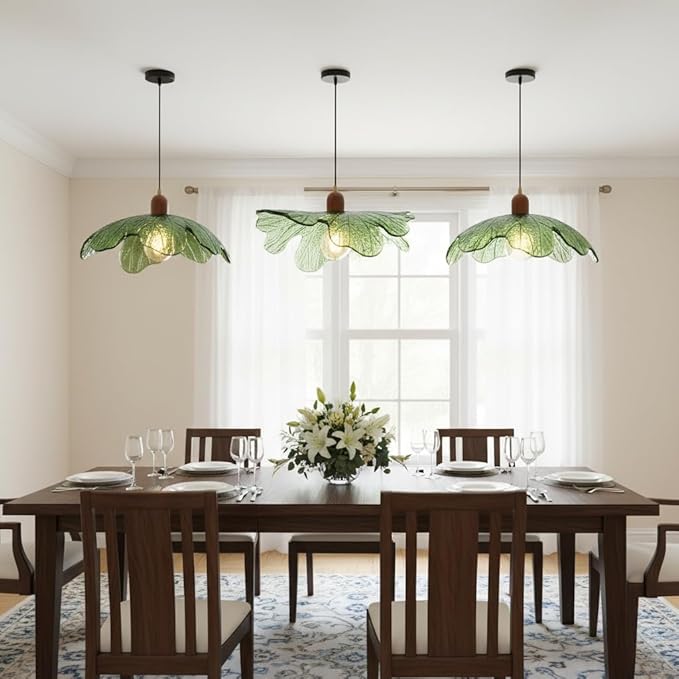 Green Glass Pendant Light Fixtures, 15.75" Hanging Ceiling Light Adjustable Vintage Floral Glass Chandelier for Bedroom Nursery Vanity Kitchen Island