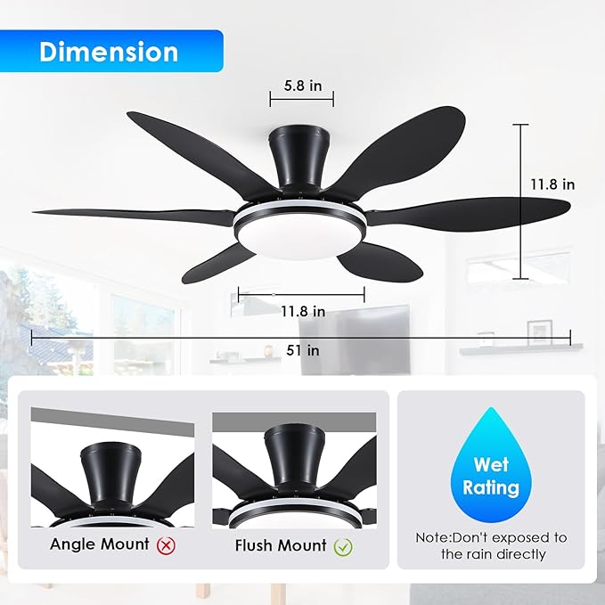BayDay Ceiling Fans with Lights, Flush Mount Ceiling Fan Led Lights Quiet DC Dimmable 6 Blades (Black Fan, Led Light + Side RGB Light, 51 inch)