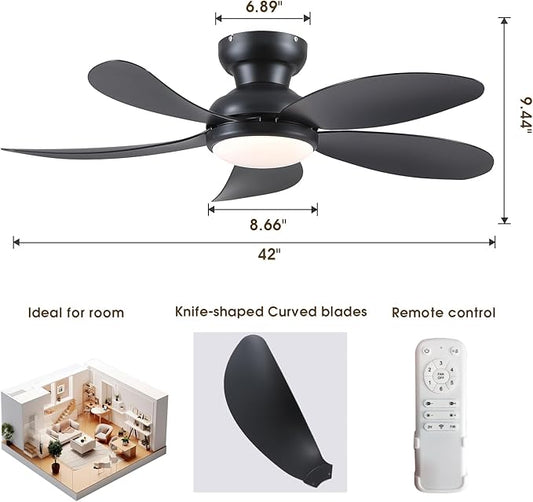 PHORUS 42" Black Low Profile Ceiling Fans with Lights and Remote,Small Flush Mount Ceiling Fans with Quiet Reversible DC Motor, Dimmable 3 CCT