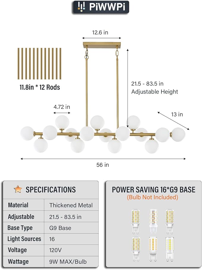 55" Long Brass Gold Chandeliers for Dining Room Kitchen Island, Large Globe Sputnik Linear Chandelier, 16 Lights Mid Century Modern Light Fixture Over Table, Milk White Bubble, GC-08