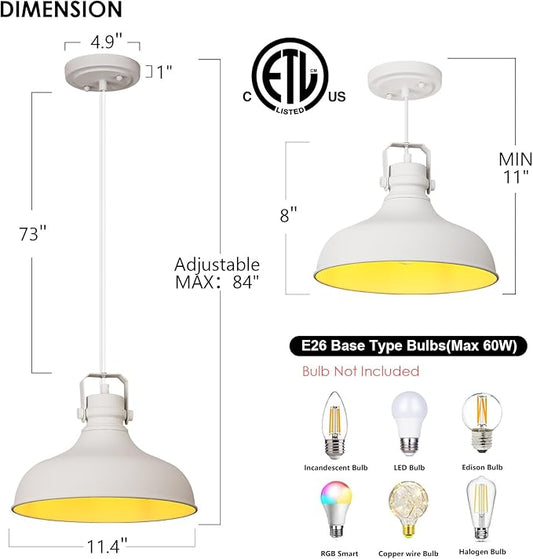 White Farmhouse Pendant Lights Matte Pendant Lighting for Kitchen Island Industrial Adjustable Height Vintage Dome Hanging Light Fixtures for Barn, Dining Room 3 Packs JF2113-P3-W