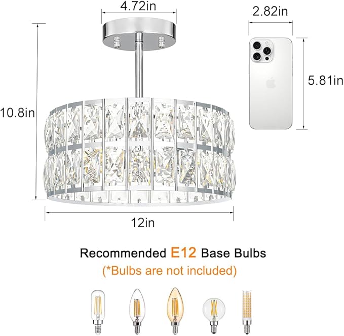 Lxybcce Chrome Crystal Ceiling Light, Modern Semi Flush Mount Ceiling Lighting, Hallway Lighting Fixtures, Small Chandelier Light Fixture for Kitchen Entryway Bedroom Dining Room, 3-Light, 12 Inch