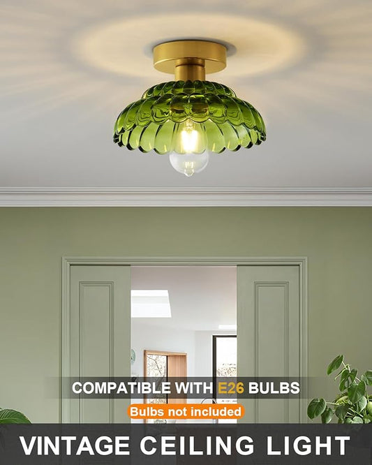 ANYLOVE 10 Inch Green Vintage Glass Semi Flush Mount Ceiling Light, E26 Socket for Bedroom Kitchen Hallway Foyer