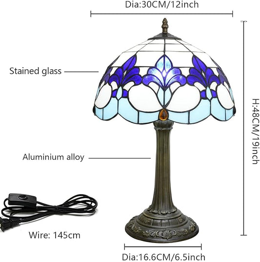 Tiffany Style Table Lamp with Blue Iris Stained Glass Lamp 12 Inch Retro Bronze Base Bedside Lamp Living Rooms, Offices, Hotel,Coffee Shop European Style Decorative Ambient Light Bedside Lamp