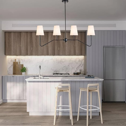 Kitchen Island Lighting,4-Light Modern Linear Chandeliers for Dining Room Light Fixture Over Table Classic Matte Black Pendant Light with Linen Shades 41”W for Kitchen Island Living Room
