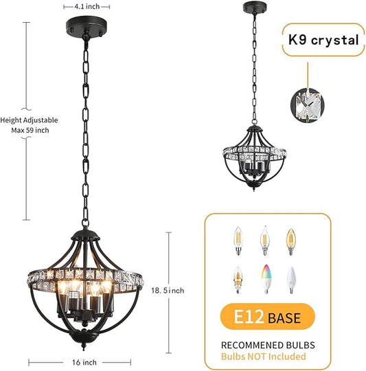 Farmhouse Crystal Ceiling Hanging Chandelier,16inch Black Rustic Vintage Pendant Light Fixture for Living Room Bedroom Dining Room Dining Foyer Kitchen Entry (5-Light)