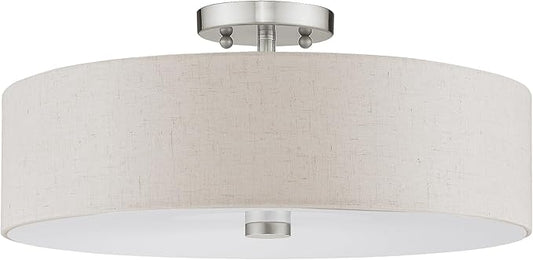 Livex Lighting 52136-91 Meridian Collection 4-Light Semi Flush Mount Ceiling Fixture with Oatmeal Color Fabric Hardback Drum Shade and Satin White Diffuser, Brushed Nickel