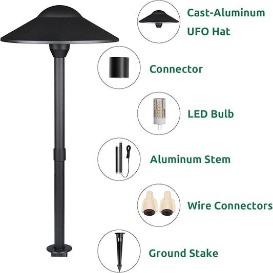 Lumina Lighting® Low Voltage Landscape Lighting Cast-Aluminum Path and Area Light Warm White 3W G4 LED Bulb and ABS Ground Stake Included for Yard Walkway Lawn PAL0108-BKLED8 (Black,8-Pack)