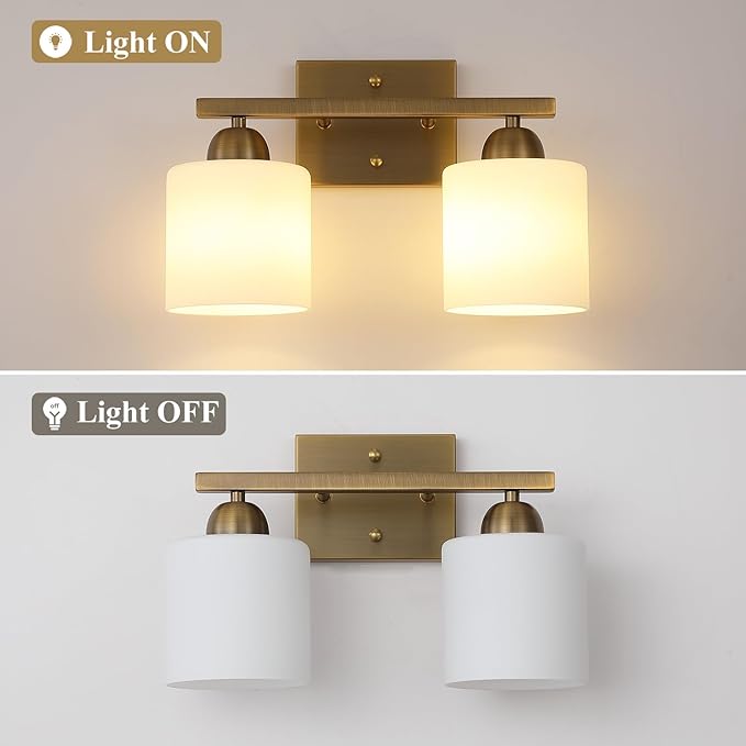 Mecgirn Milk Glass Vanity Lights for Bathroom, 2 Light Antique Matte Brass Bathroom Vanity Light Fixtures Over Mirror, Ceramic E26 Sockets Wall Mounted