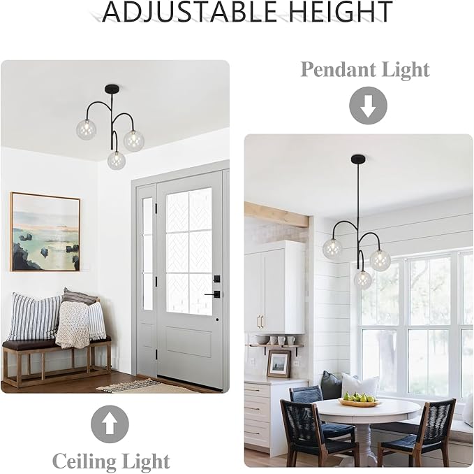 3-Light Clear Glass Globe Chandelier Farmhouse Black Pendant Lights Kitchen Island Light Modern Dining Room Chandelier Mid Century Sputnik Ceiling Light Fixture