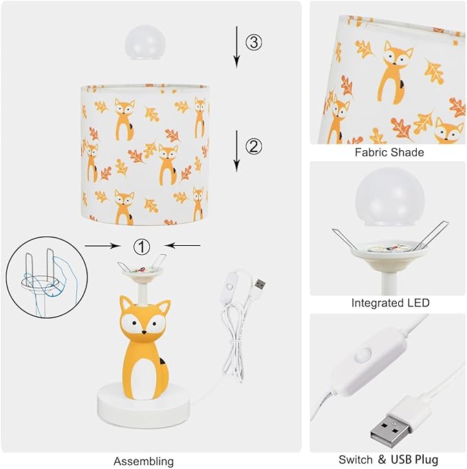 Fox LED Table Lamps with USB Port DC5V,Set of 2,Orange Kids Table Lamp,Night Light for Kids Room,Nursery,Bedroom,Kitchen Counter,Gameroom,Φ5.91×H12.88IN,Hand-Made