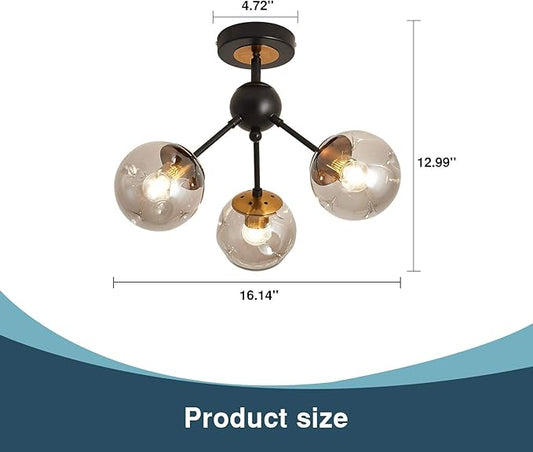 3-Light Chandelier ,Vintage Semi Flush Mount Ceiling Light Fixture with Glass Globe, Black Ceiling Light for Hallway Stairway Porch Entryway Kitchen Bedroom Laundry Farmhouse..