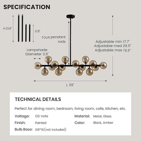 Mid Century Modern Chandeliers for Dining Room, 39" Linear Pendant Light Fixtures with Amber Glass Globe, 16-Light Sputnik Hanging Light for Living Room Kitchen Island