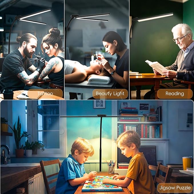 24W/2400LM Dual Head LED Floor Lamp for Living Room, Reading Standing Task Lamp for Office, Adjustable Panels with Remote, No Glare Puzzle Light for Tattoo, Piano, Sewing, Lash, Craft