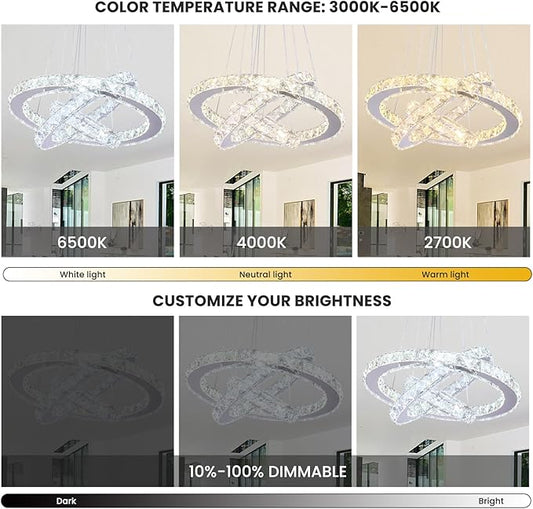 Modern Dimmable LED Chandelier 3 Rings Crystal Chandelier with Remote Stainless Steel Adjustable Pendant Light for Living Dining Room Bedroom