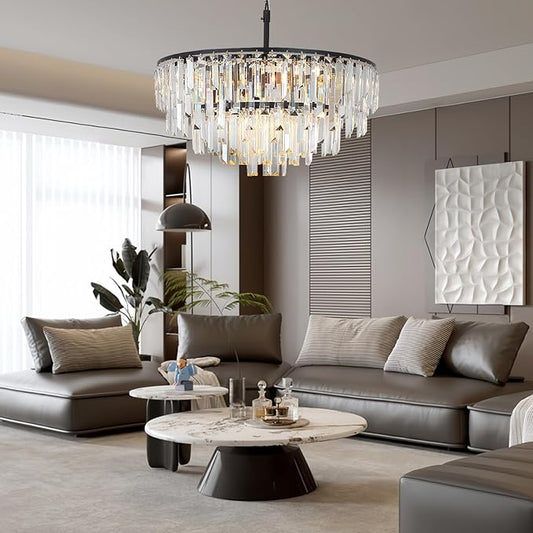 Black Crystal Chandelier for Dining Room, 24" Modern Round Top K9 Crystal Chandeliers 5-Tier 8 Lights Adjustable Ceiling Hanging Pendant Light Fixture for Living Room Bedroom Foyer