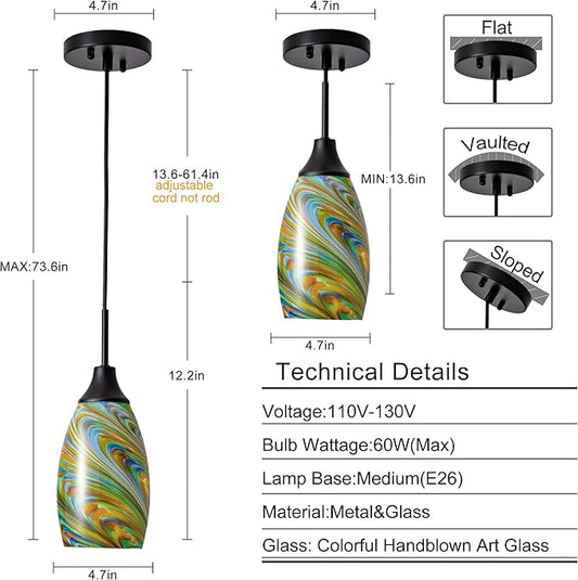 Viinew Mini Glass Pendant Light 4.72" Colorful Pattern Oval Pendant Lights 1-Pack Handblown Art Glass Hanging Pendant Light for Kitchen Island Dining Room Living Hallway Matte Black Metal