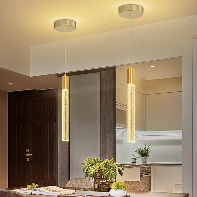 Modern Gold Crystal Column Pendant Light, Dimmable LED Chandelier, Adjustable Hanging Pendant Lighting for Kitchen Island