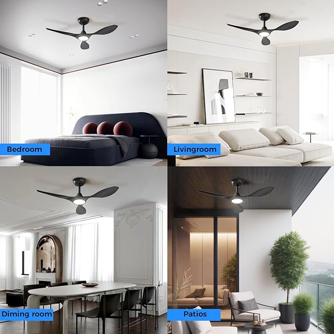 Roomratv Ceiling Fans with Lights and Remote Control,Quiet Noiseless Reversible DC Motor,6 Speeds,Timers, 3 CCT, Indoor Use, Plastic Blades,42 Inch Black Modern Ceiling Fan for Bedroom Living Room