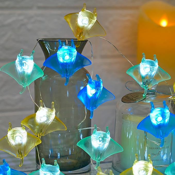 Sea Life Decor Ocean Fish Manta Ray String Lights Indoor Outdoor Nautical Theme Ocean Beach Decorative Lights Cute Marine Life Fairy Lights 30LED 10ft Battery Operated for Bedroom Garden Camp Tent