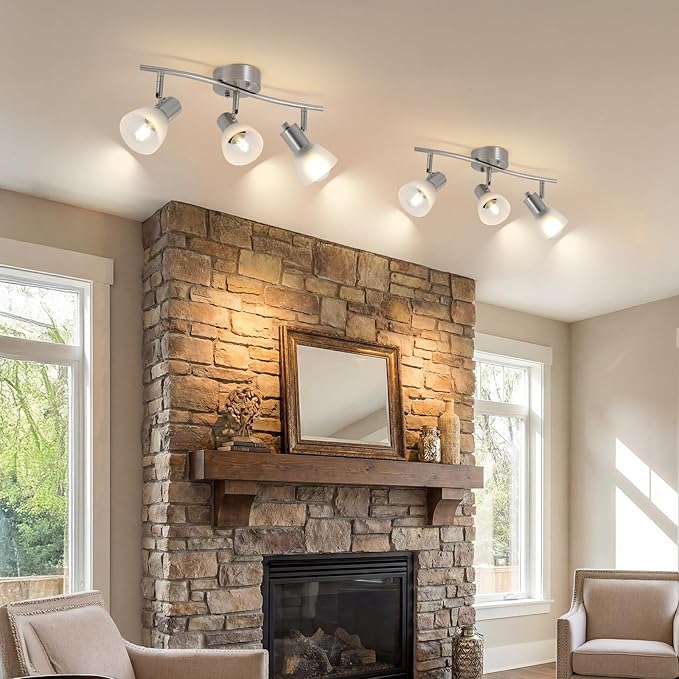 3-Light Nickel-Finish Track Lighting Fixture with Adjustable Directional Heads and Frosted Glass Shades – Ideal for Kitchen, Hallway, Living Room & Bathroom Vanity Lighting (Bulbs Not Included)