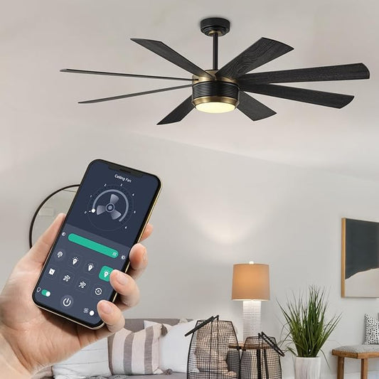 SHOWDI Ceiling Fan with Lights and Remote Control, 8 Blade App Commercial Industrial Reversible Stepless Brightness and Color Temperature Ceiling Fan with Light (Black-gold, 60 Inch)