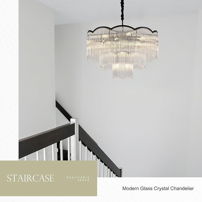 27.75" Black Clear Glass Crystal Chandelier 14-Light Modern Crystal Pendant Ceiling Light Fixture 4-Tier Luxury Glass Chandeliers,for Dining Room Kitchen Island Living Room Bedroom