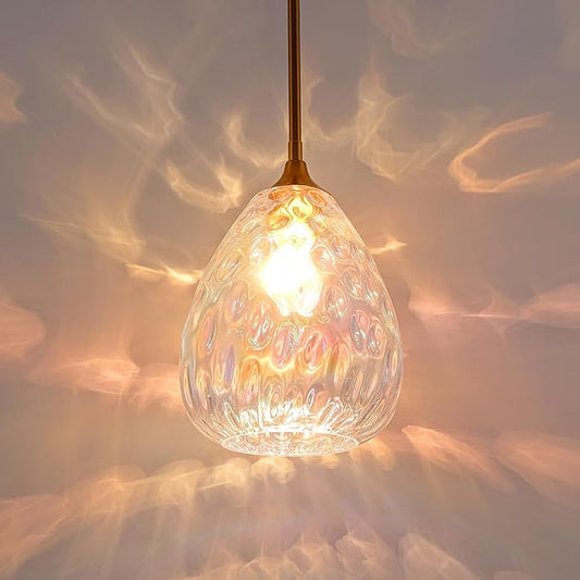 Stained Hammered Glass Pendant Light with Brass Gold Accent, Adjustable Hanging Lamp for Kitchen, Dining Room, and Living Room