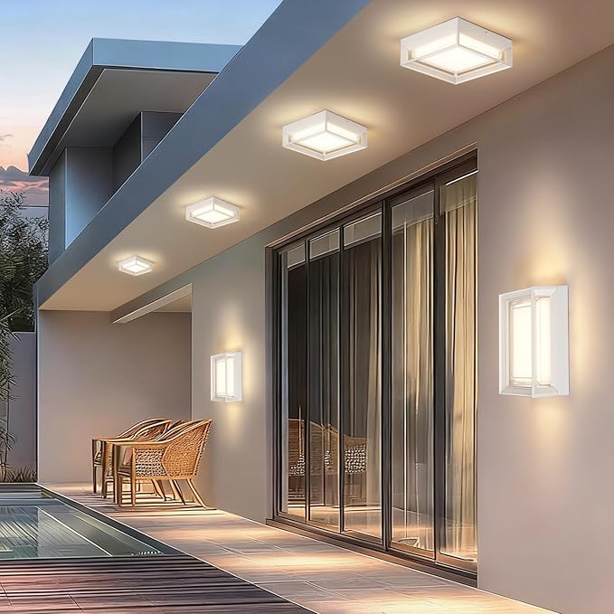 White Square Flush Mount Outdoor LED Ceiling Light Fixture, 120V 24W 3000K 9 inch Medium Overhead Porch & Patio Lights Ceiling Mounted, Waterproof Suitable for Wet Areas