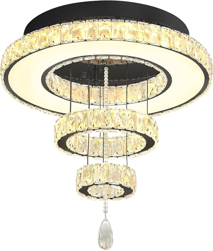 Flashing God Dia 20" Crystal Chandeliers Black Modern Living Room Chandelier LED Crystal Ceiling Light Flush Mount Chandelier for Bedroom Dining Room Entryway