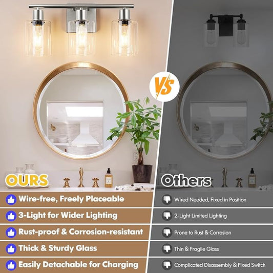 Battery Operated Wall Sconce, 3-Light Dimmable Rechargeable Vanity Light Fixture with Remote & Bulbs, 3-Light Silver Wireless Indoor Non-Hardwired Wall Lamp for Bedroom, Living Room, Cabinet, Porch