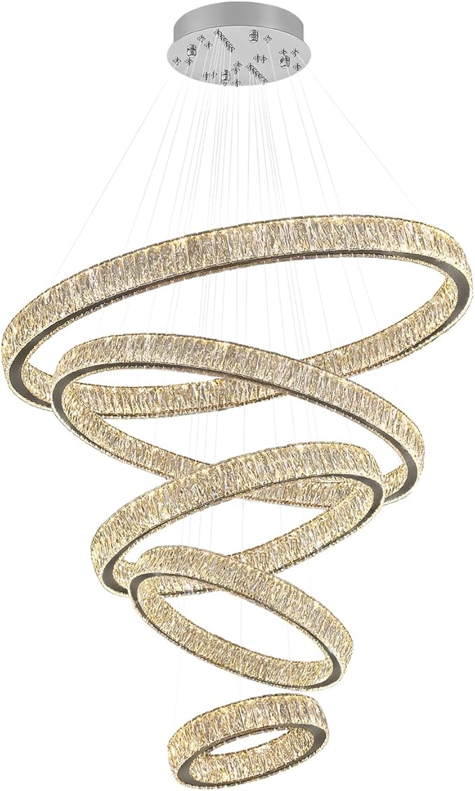 Extra Large 5 Ring Crystal Chandelier High Ceiling Chandeliers for Foyer,Modern Luxury Crystal Ring Chandelier Dimmable Led Ceiling Lighting for Staircase Villa D8''+15.7"+23.6"+31.5"+39.4"