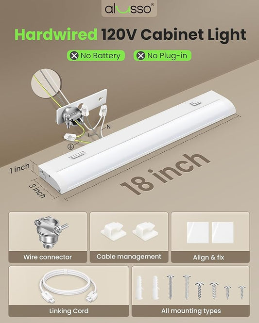 ALUSSO 18 Inch LED Under Cabinet Lighting Hardwired 120V, 5CCT Color Selectable 2700K-5000K Dimmable 10W 800LM High Brightness, CRI 90+ Strip Linkable Under Counter Lights for Kitchen Sink, 2 Pack